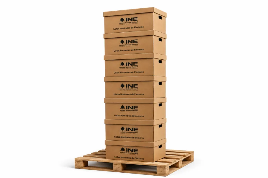 Tarima con cajas para archivo del INE fabricadas por CREARTON®